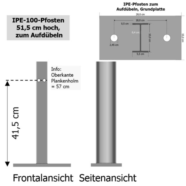 IPE-Pfosten, für Leitplanken, zum Aufschrauben, Stahl, feuerverzinkt, 51,5 cm hoch